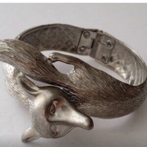 Vintage Castlecliff Silver Plated Fox Clamper Cuff Bracelet Vintage Hinged Fox